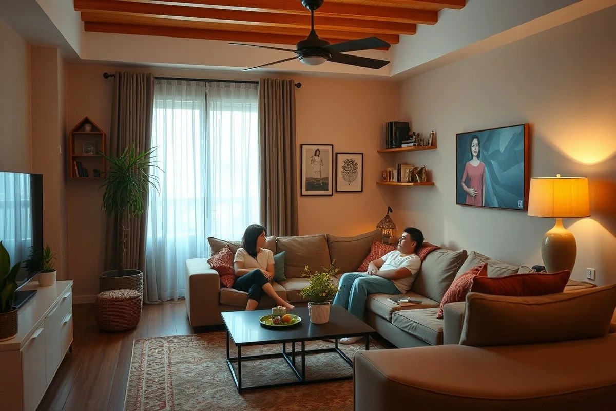 Família relaxando em apartamento seguro em SP. Conforto e tranquilidade em lar brasileiro.