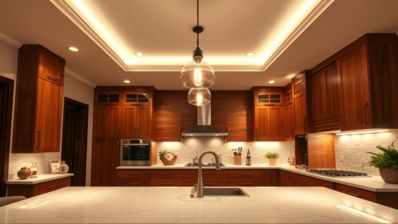 Cozinha brasileira com iluminação aconchegante. Pendentes e LED