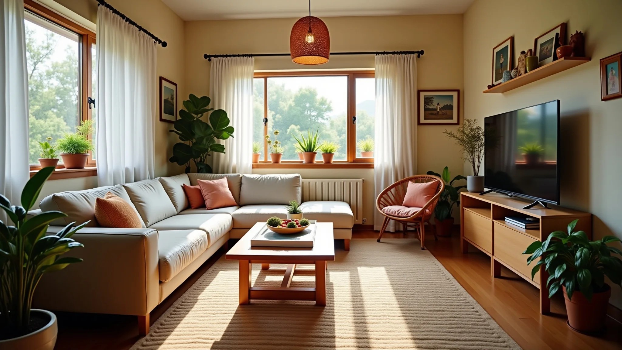 Sala de estar aconchegante com móveis acessíveis e reciclados, design brasileiro e iluminação natural.