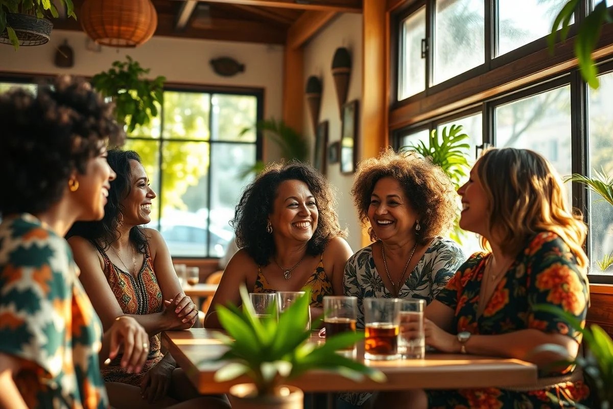 Grupo de mulheres brasileiras unidas em café ensolarado, celebrando amizade e apoio mútuo.
