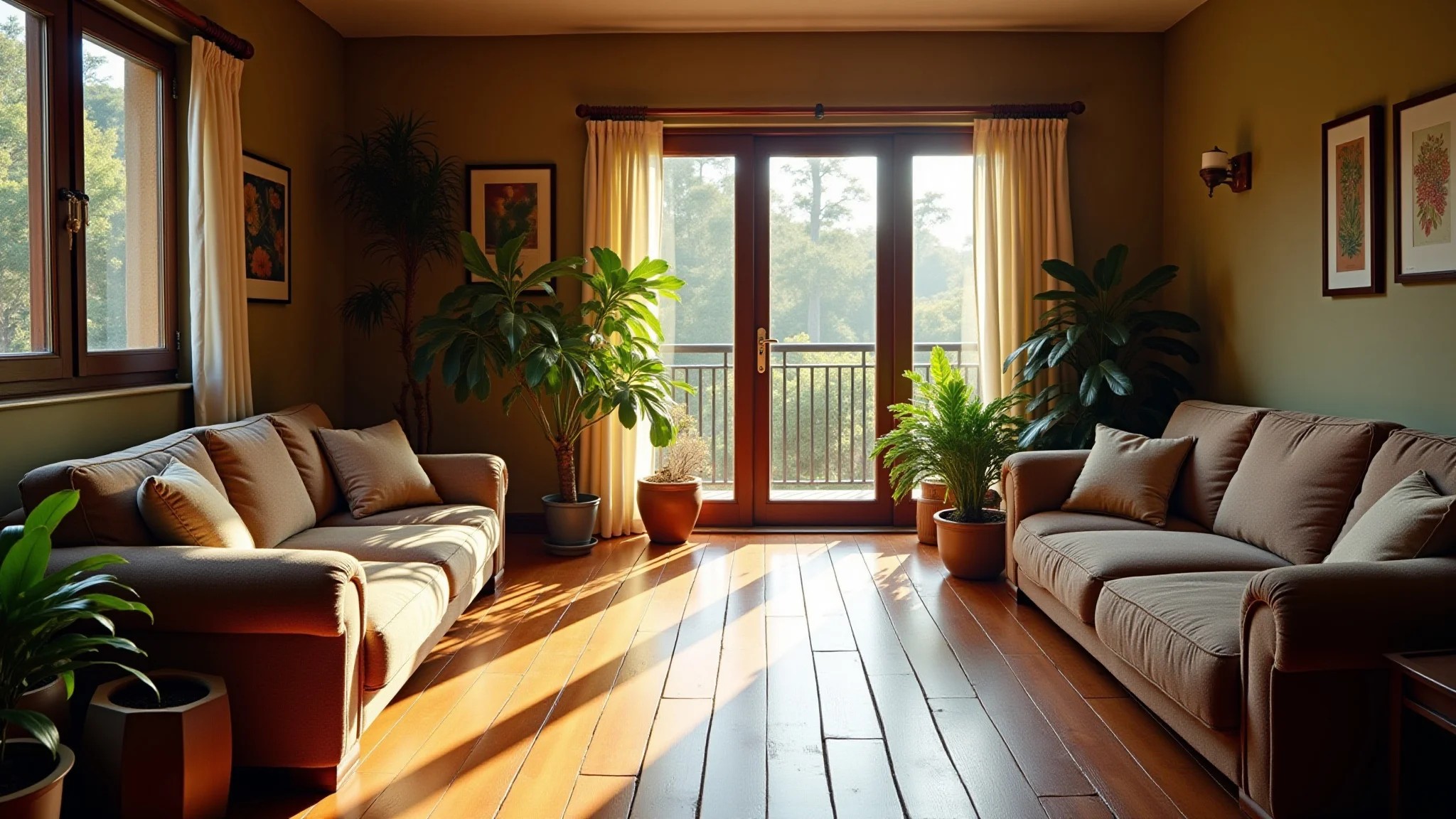 Sala de estar aconchegante com piso que imita madeira, design brasileiro e iluminação natural.