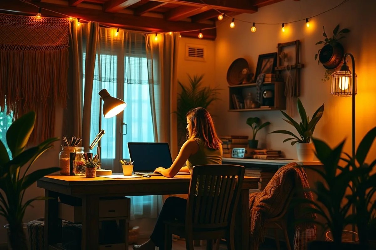 Iluminação aconchegante com luminária e luzes em home office brasileiro.
