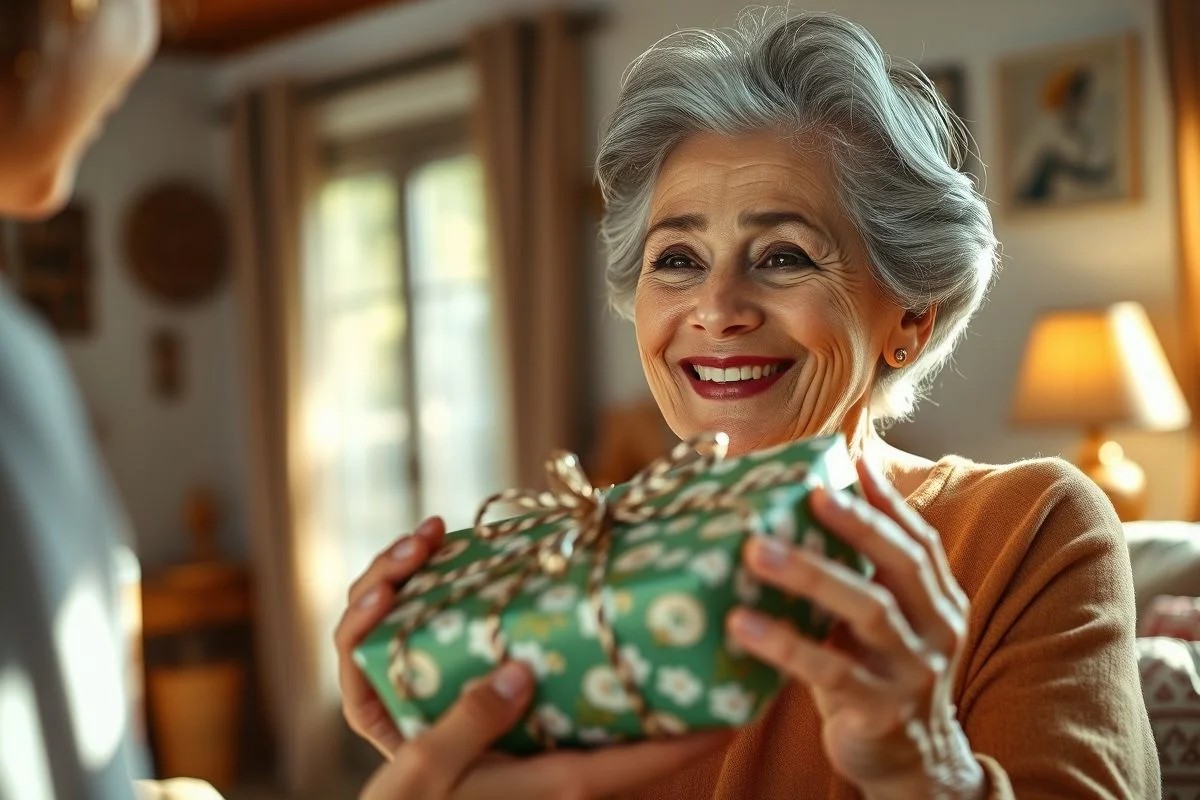 Sogra brasileira sorrindo ao receber presente embrulhado com carinho.