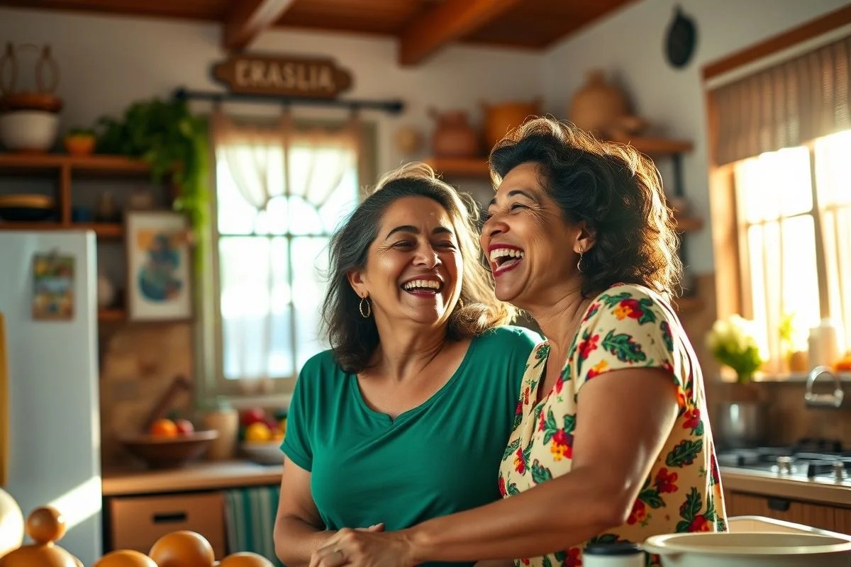 Mãe e filha brasileiras sorrindo na cozinha, Dia das Mães.