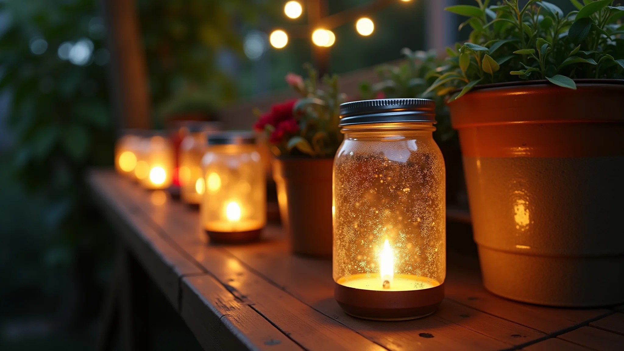 Iluminação aconchegante em um jardim brasileiro usando latas e potes de vidro reciclados como lanternas.
