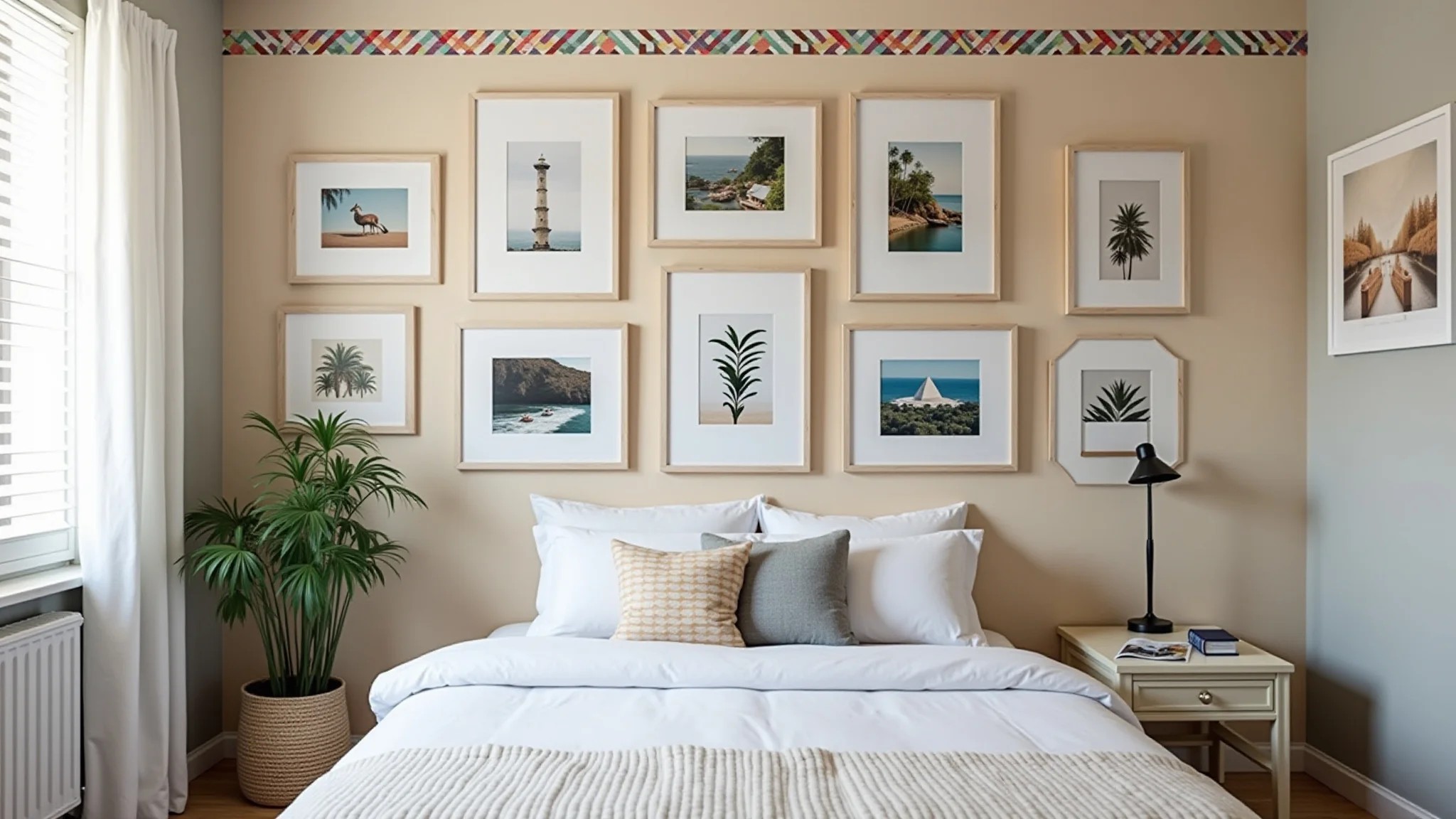 Fotos fixadas com washi tape colorida em parede de quarto.