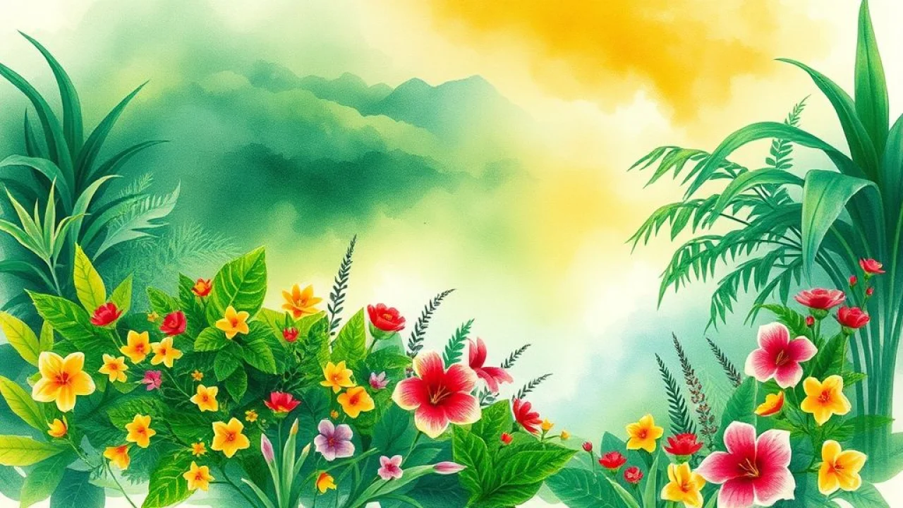 Pintura em aquarela de uma paisagem brasileira exuberante, com técnica molhado sobre molhado.