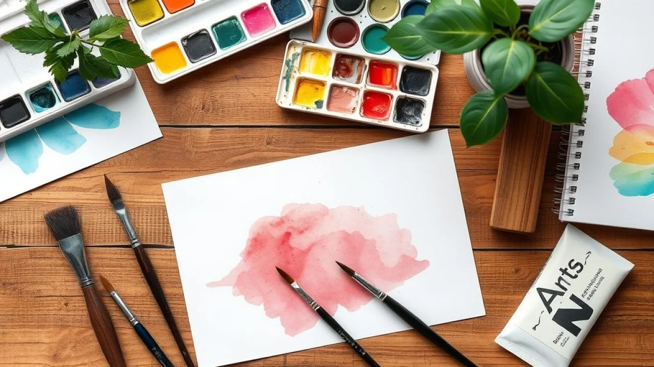 Materiais básicos de aquarela: tintas, pincéis e papel dispostos em uma mesa de madeira, prontos para uso.