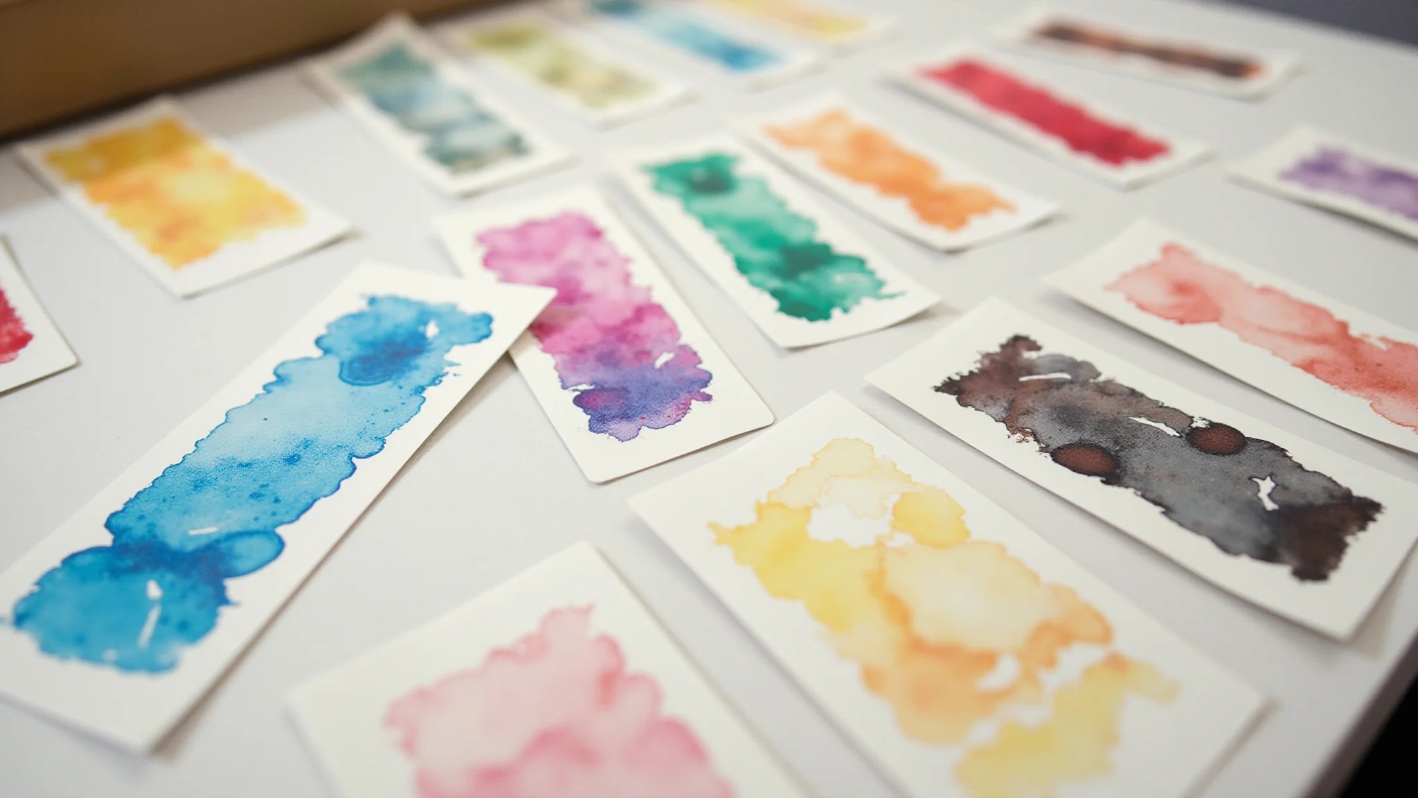 Marcadores de papel com aquarela e desenhos abstratos coloridos.