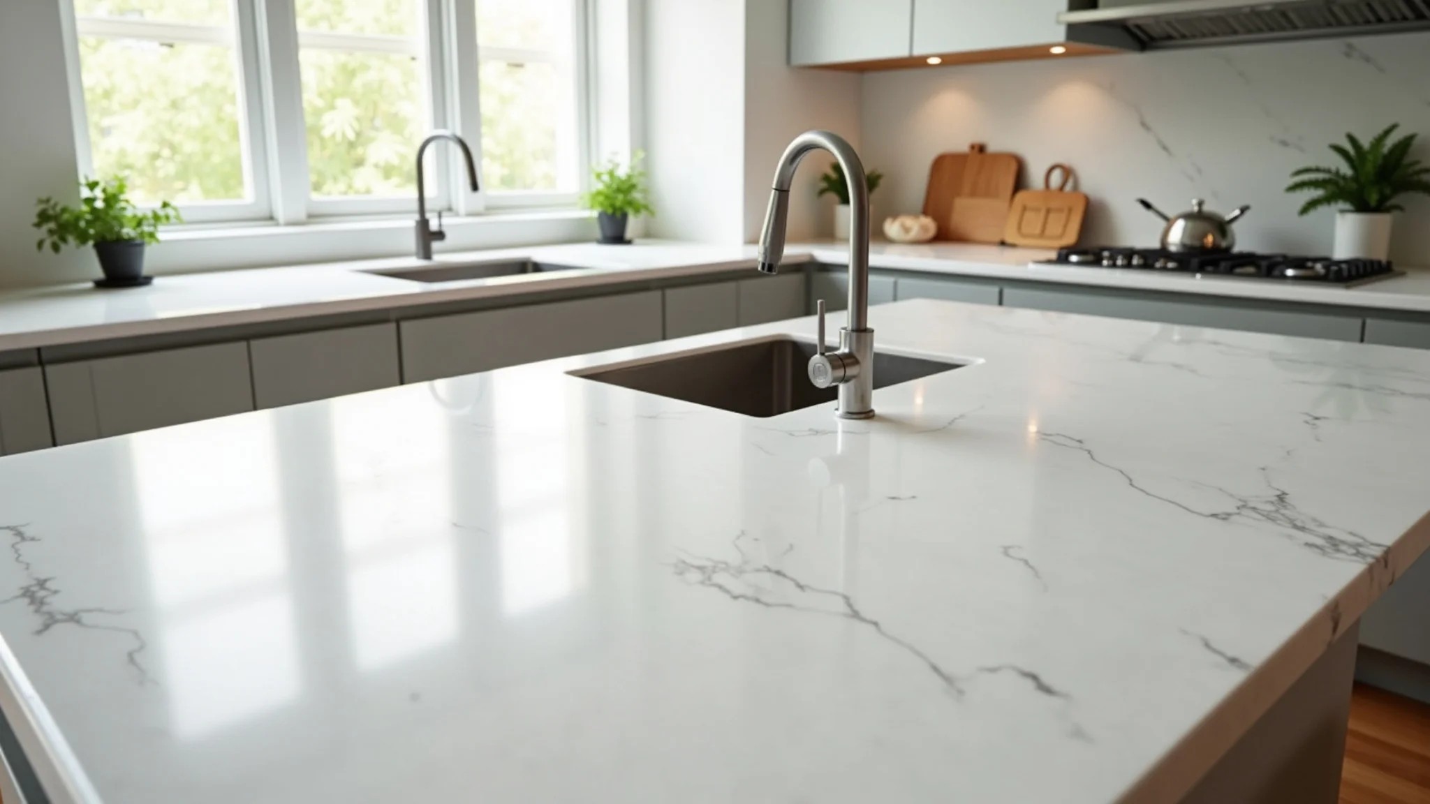 Bancada de porcelanato impermeável em cozinha clara, prevenindo mofo e bactérias.