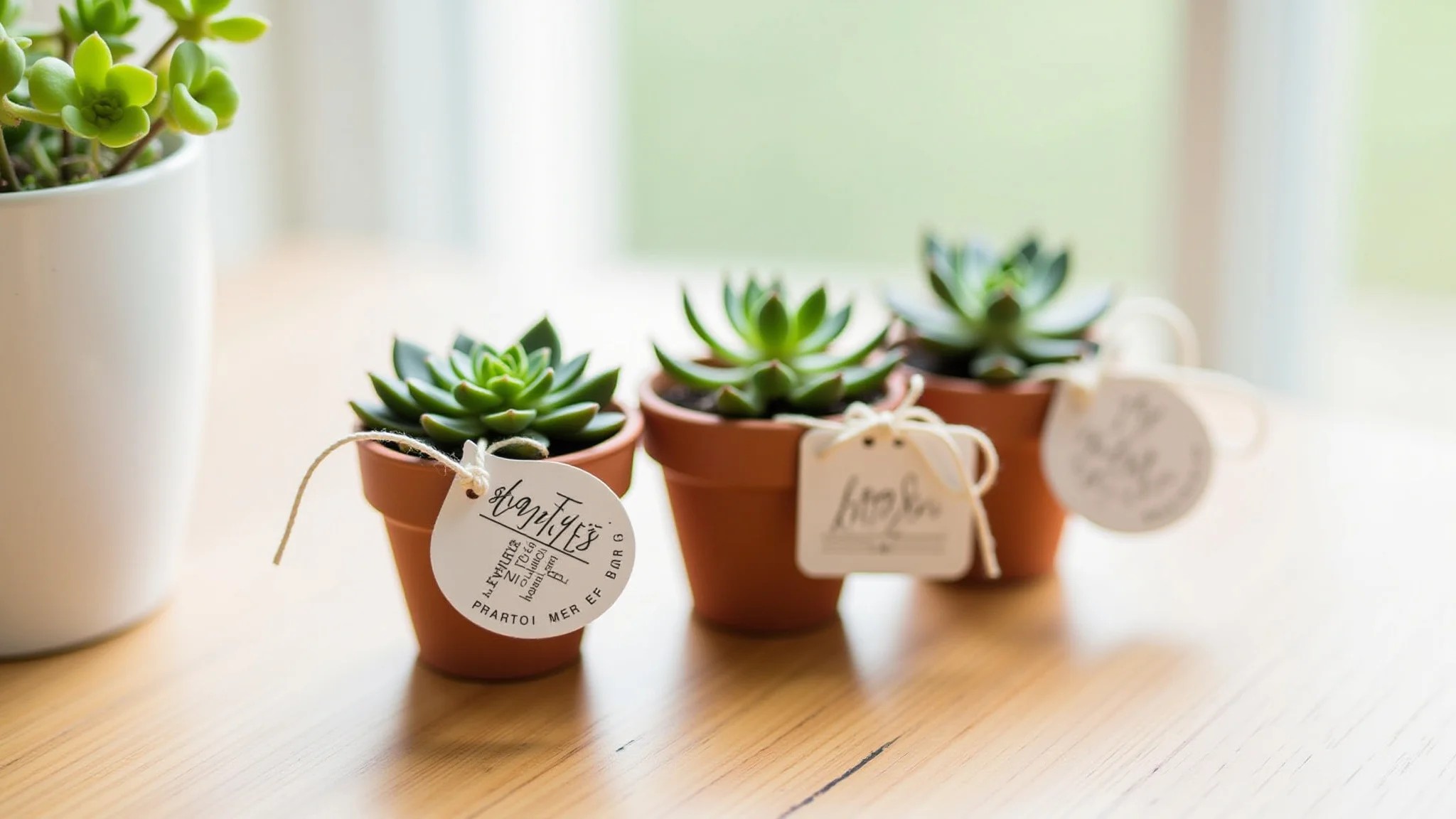 Lembrancinhas de casamento: suculentas em vasos pequenos com etiquetas personalizadas.
