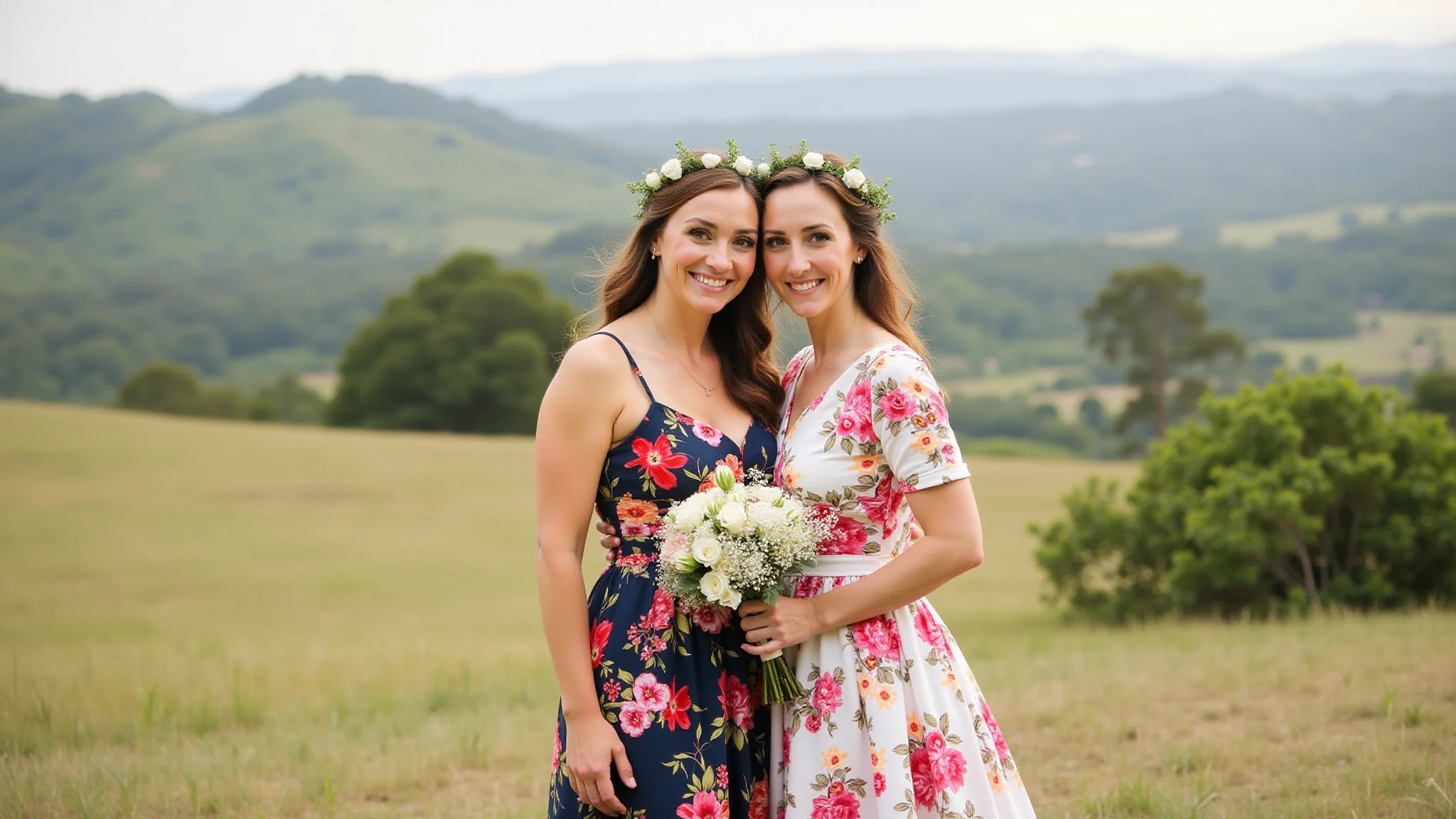 Convidada usando vestido floral colorido, casamento civil diurno, paisagem brasileira.