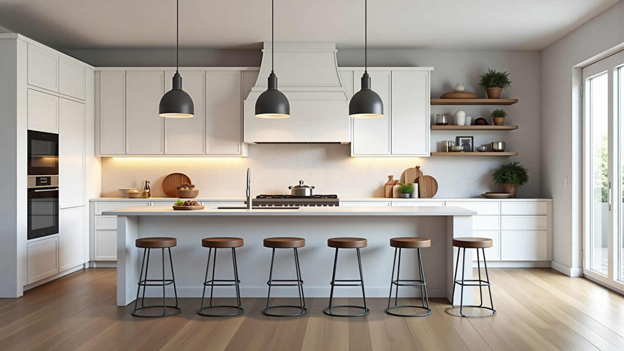 Iluminação estratégica em cozinha americana branca com pendentes e spots.