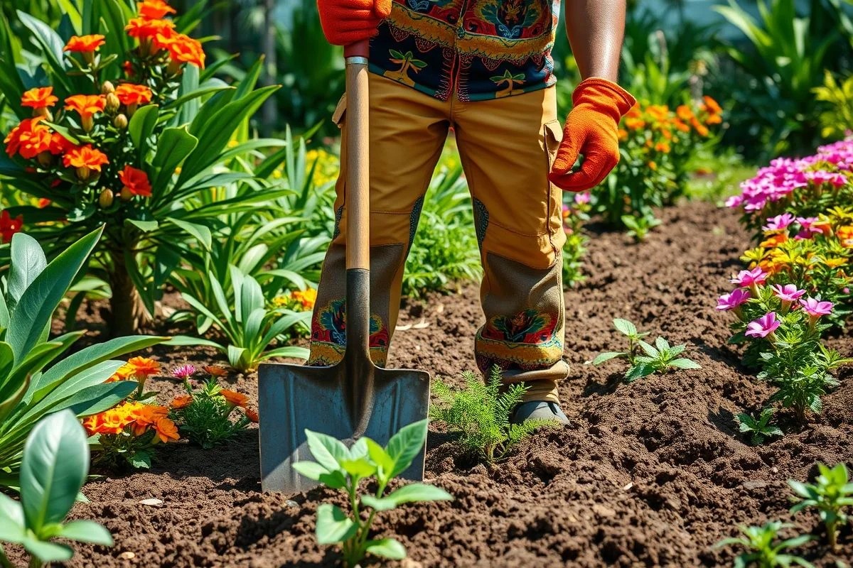 Jardineiro brasileiro bem equipado com ferramentas preparando o solo em jardim vibrante