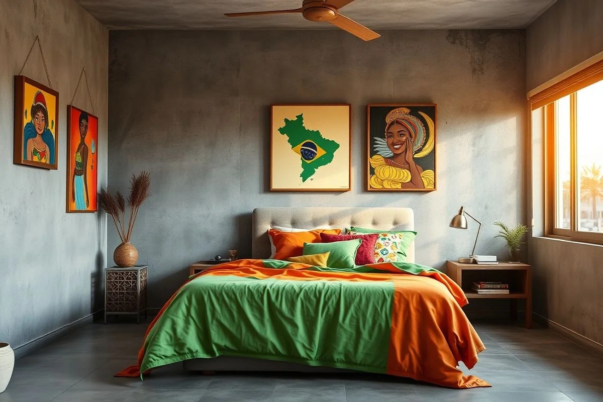 Quarto iluminado com paredes cinza claro de cimento queimado e detalhes coloridos.