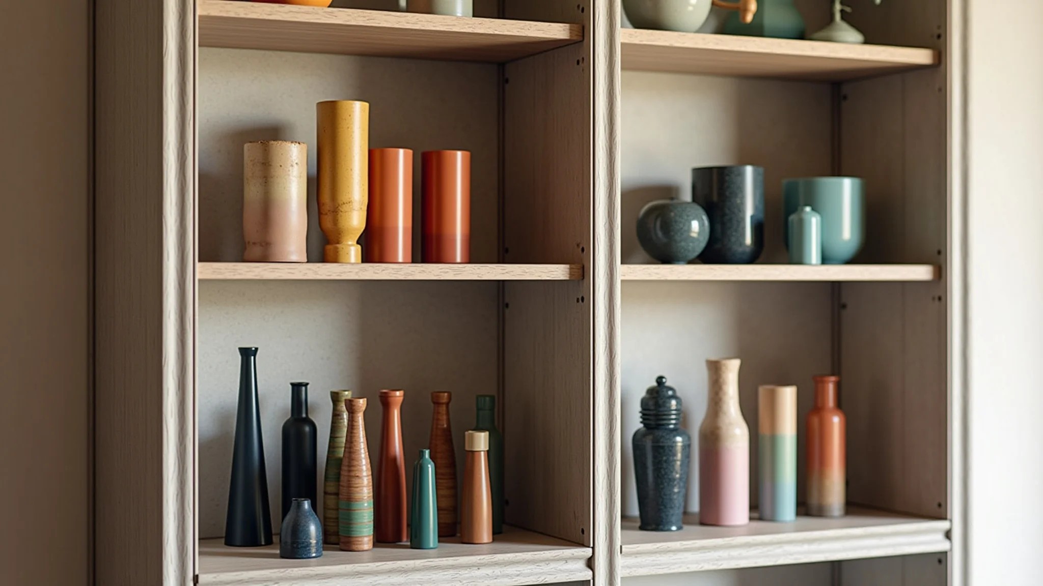 Cristaleira bem organizada com objetos agrupados por cor em decoração brasileira moderna.
