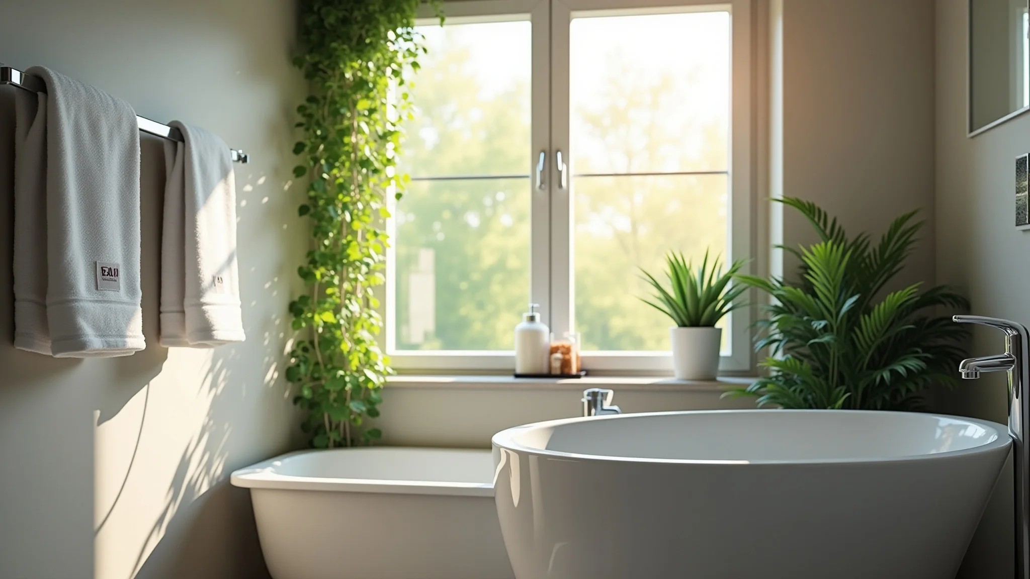 Banheiro bem ventilado com janela aberta, luz solar e plantas.
