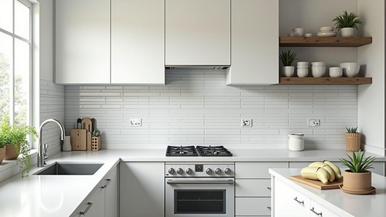 Revestimento branco ideal para cozinha americana.