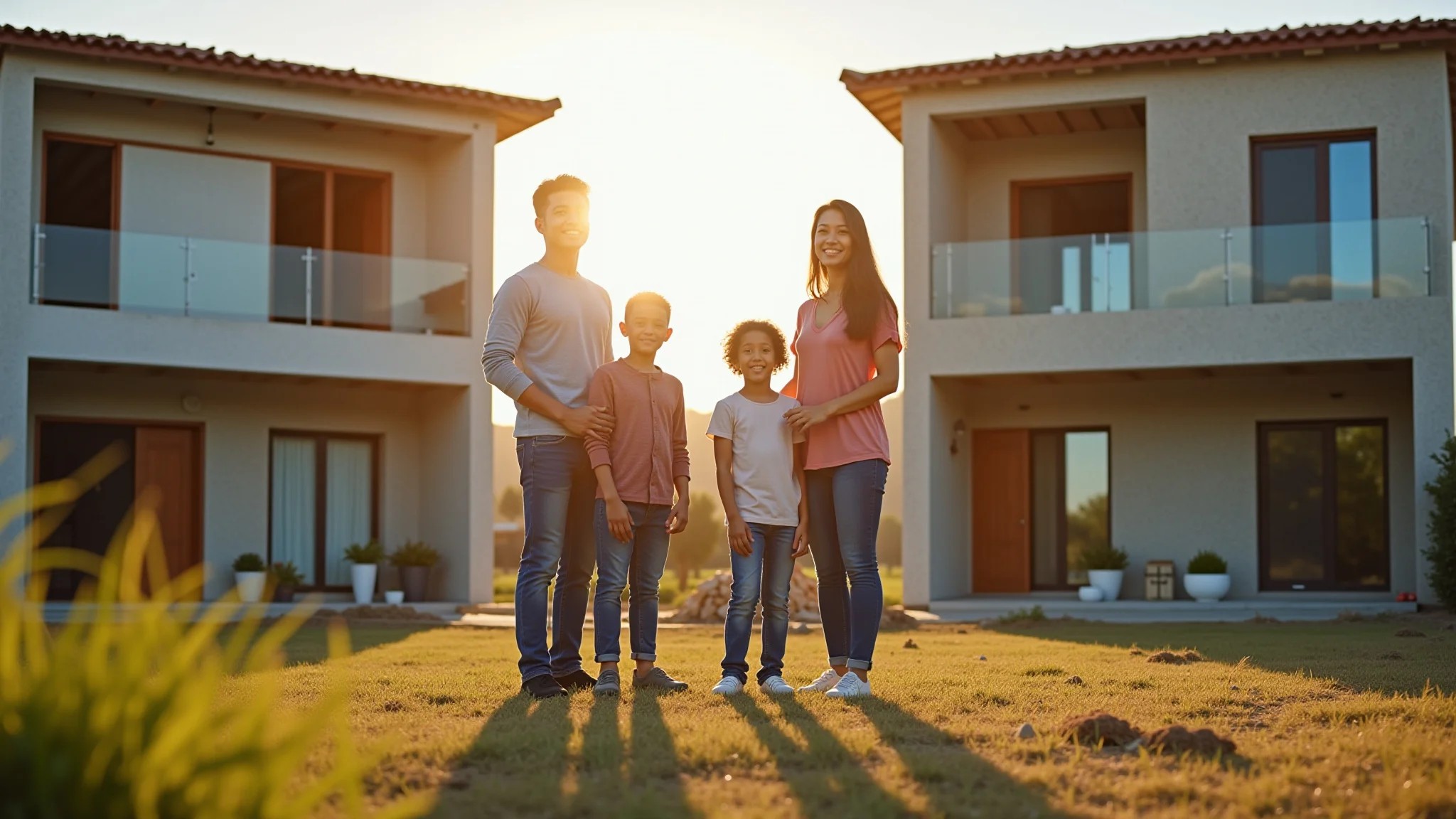 Família brasileira moderna em frente a duas casas: uma em construção e outra pronta.