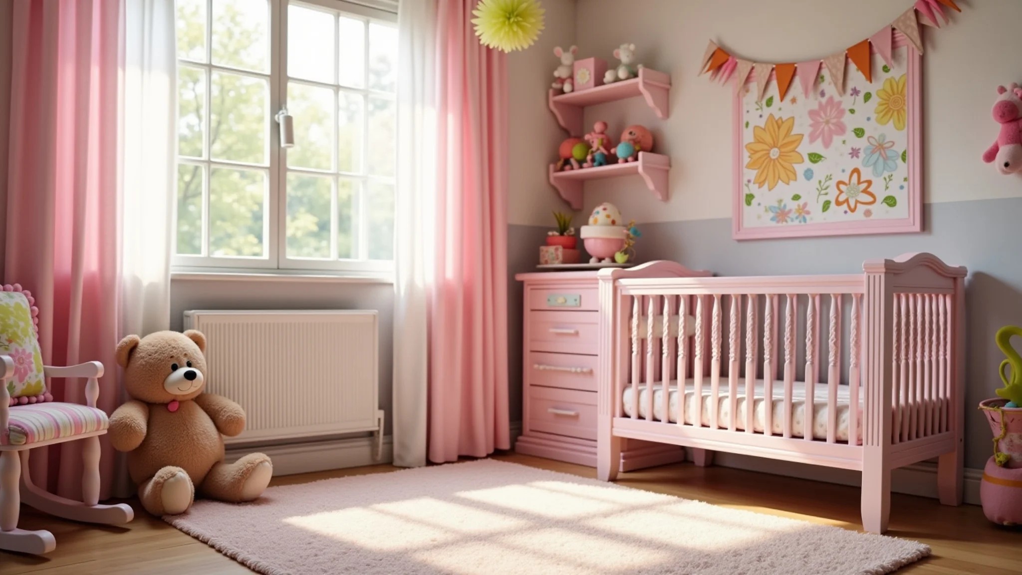 Quarto de bebê menina com detalhes coloridos e atmosfera alegre.