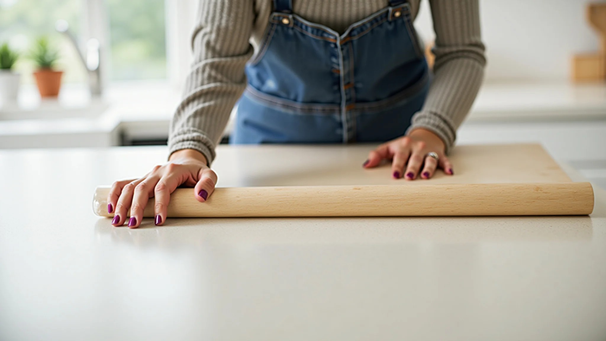 Mulher aplicando adesivo protetor na bancada da cozinha, renovação fácil.