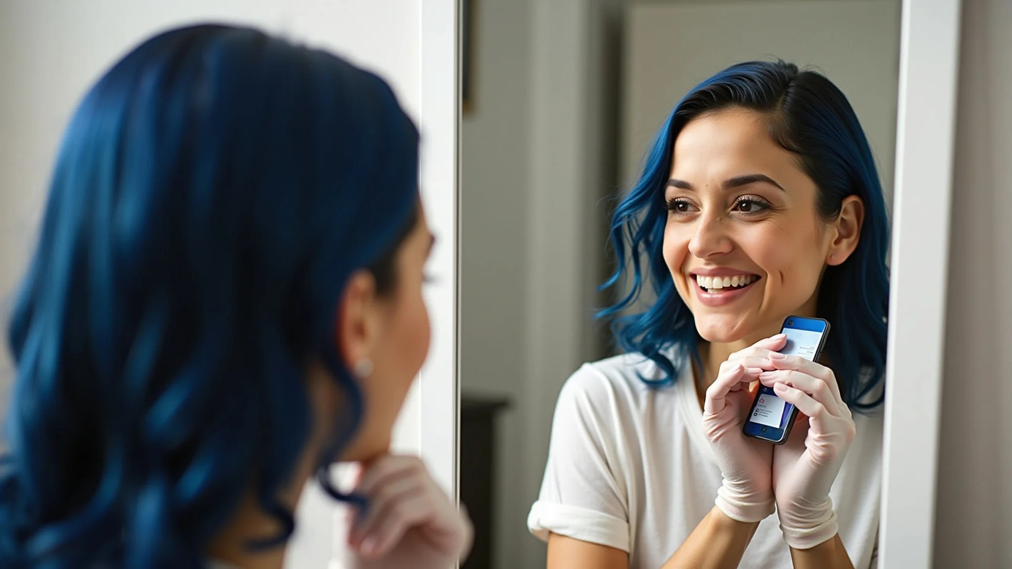 Mulher aplicando tinta preto azulado no cabelo em casa, com luvas.