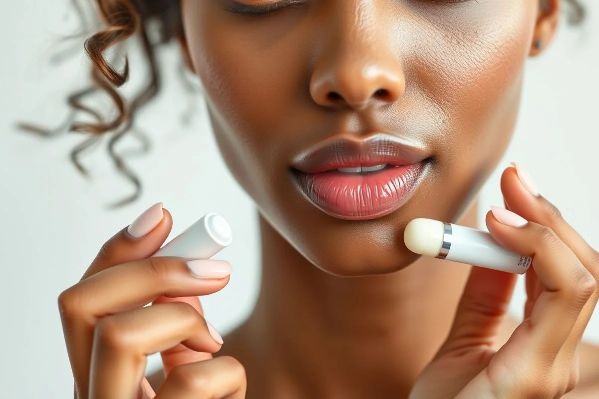 Mulher aplicando hidratante labial hipoalergênico para aliviar lábios irritados.