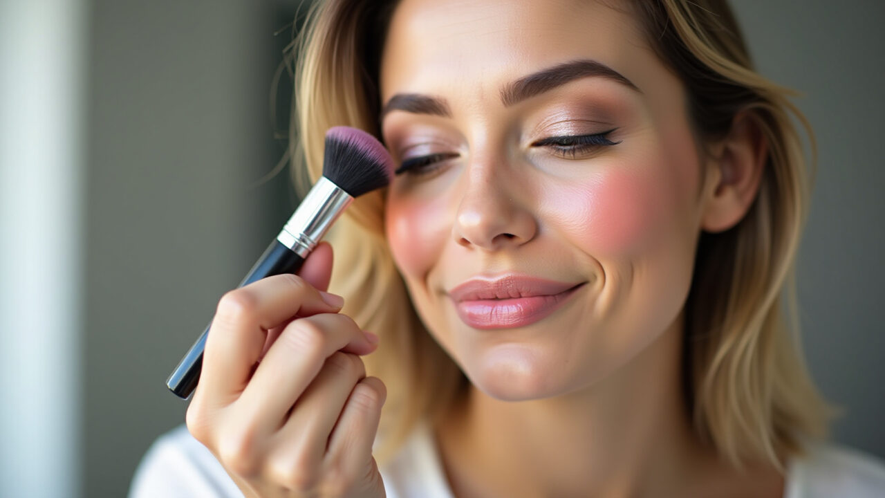 Aplicação de blush de longa duração para maquiagem de show.