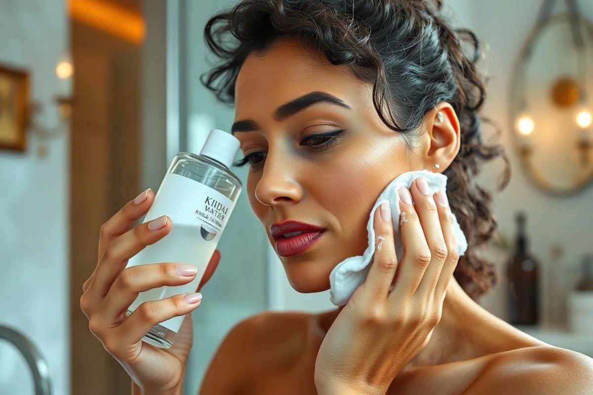 Brasileira removendo maquiagem à prova d'água com água micelar.