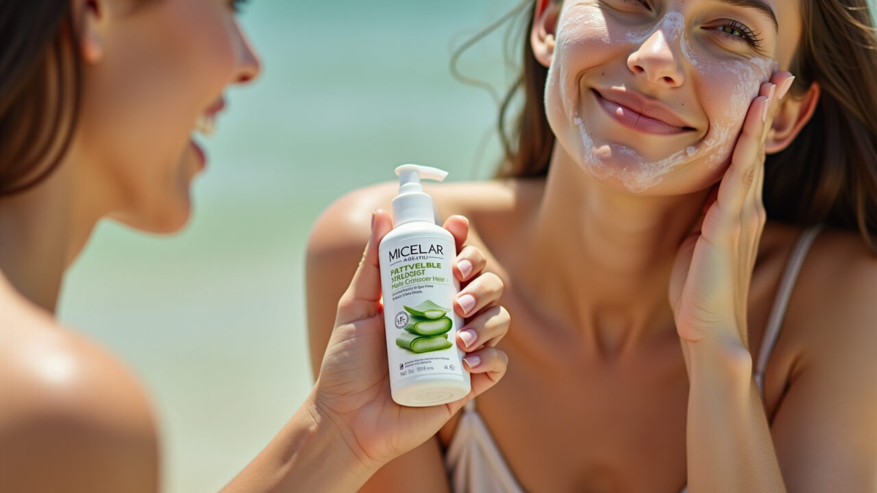 Mulher usando água micelar com aloe vera após exposição ao sol.