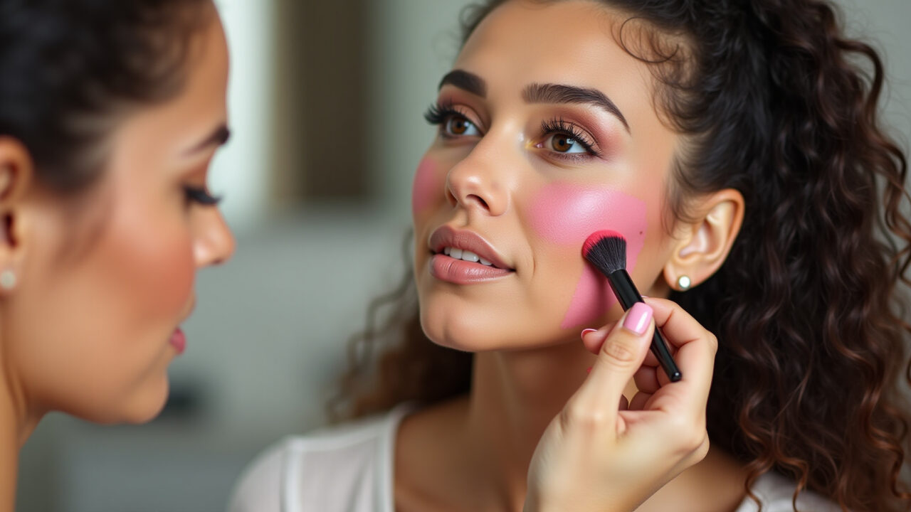 Aplicação de blush em pó para um rosto radiante.