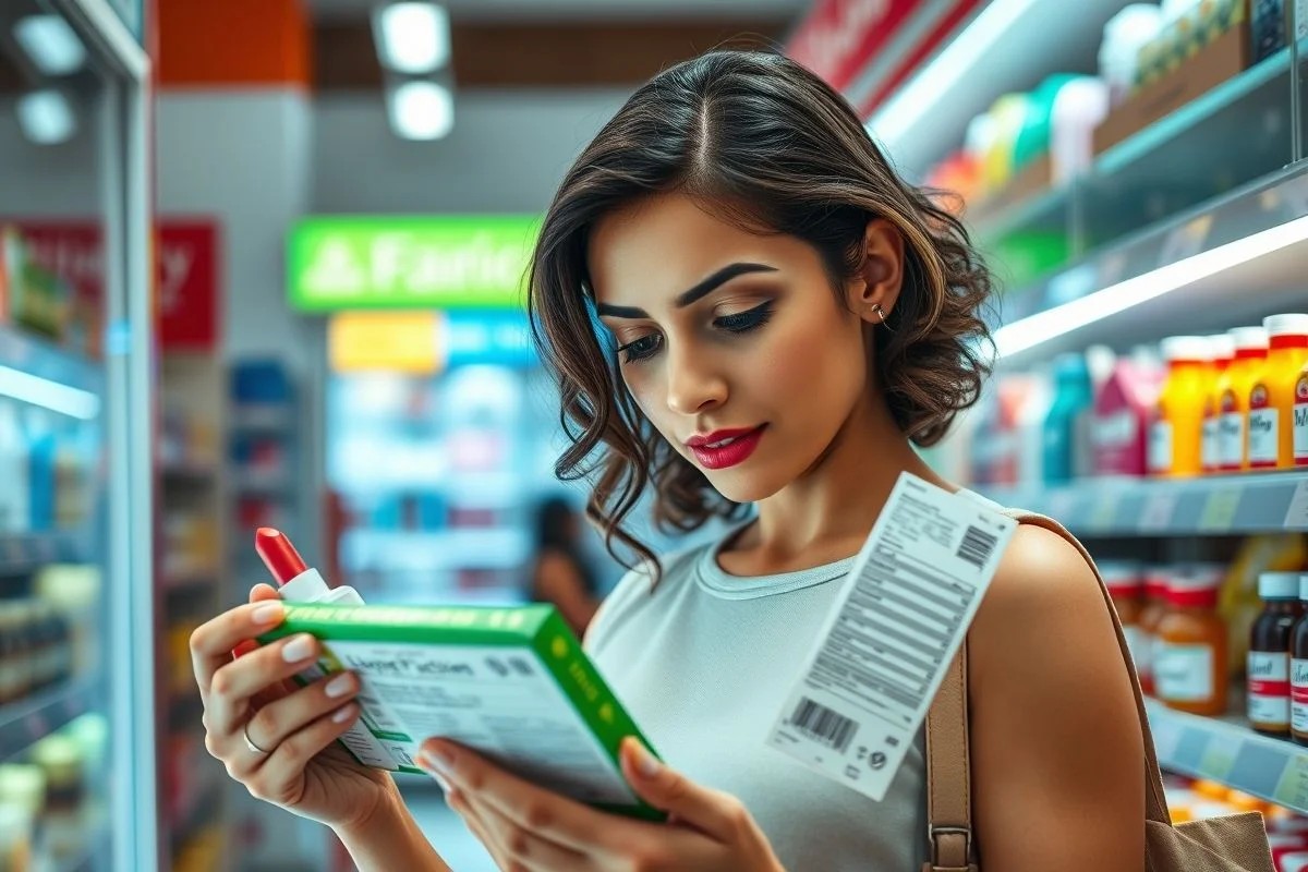 Mulher lendo rótulo de batom, verificando ingredientes para evitar alergia.