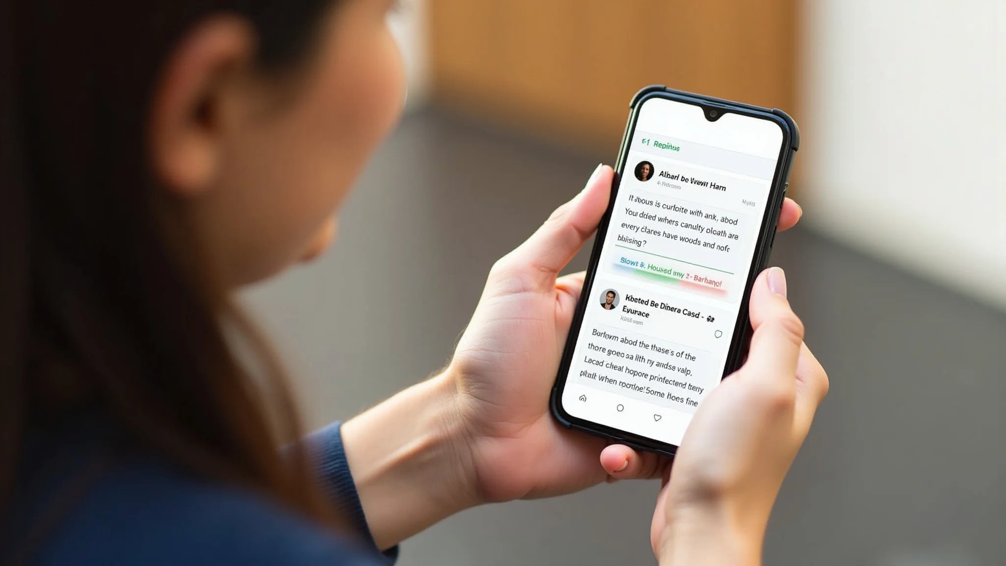 Mulher checando avaliações de loja online no smartphone, comentários positivos e negativos.