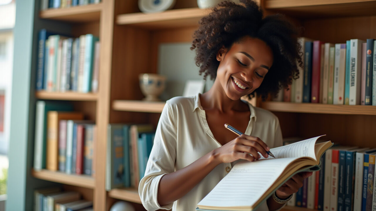 Mulher escolhendo um caderno para seu diário de gratidão.