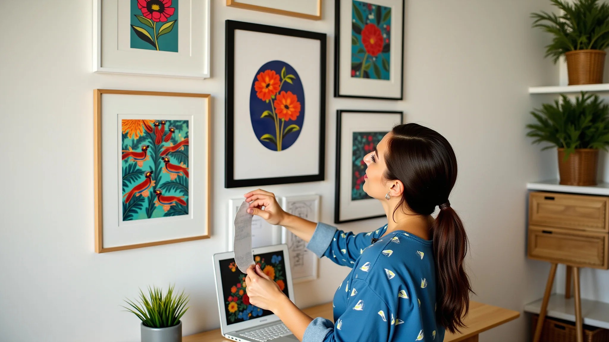 Mulher escolhendo quadros para home office, cores vibrantes e design brasileiro.