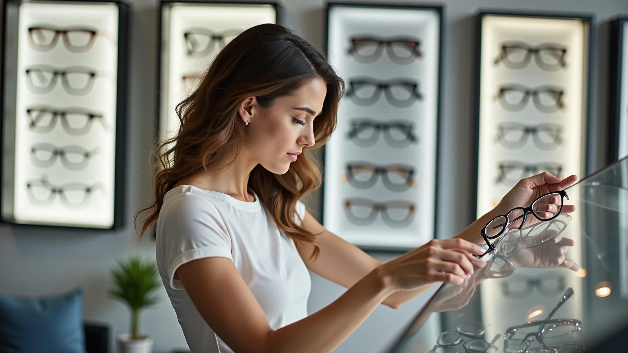 Mulher escolhendo armação de óculos em ótica moderna com iluminação natural.