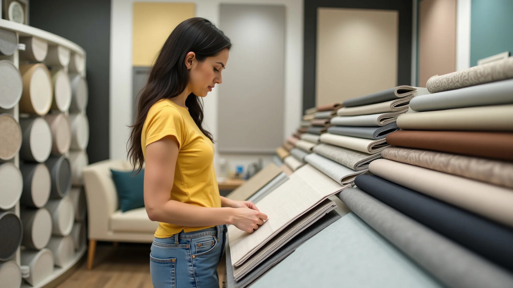 Mulher escolhendo amostras de papel de parede em loja de decoração moderna.