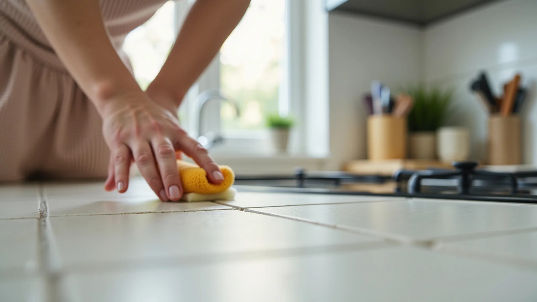 Mulher limpando azulejos da cozinha com esponja abrasiva média.