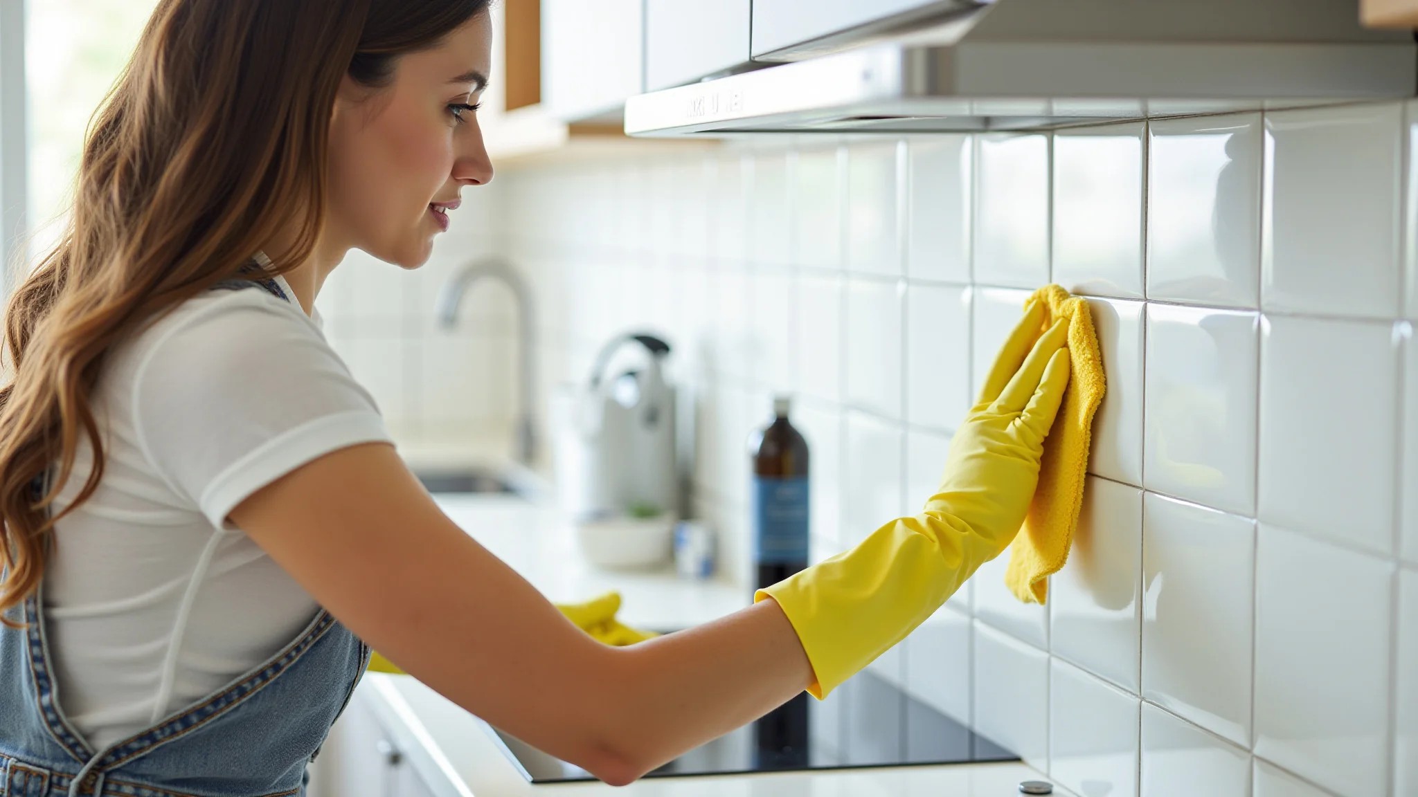 Mulher limpando azulejos da cozinha com adesivo, usando detergente neutro.