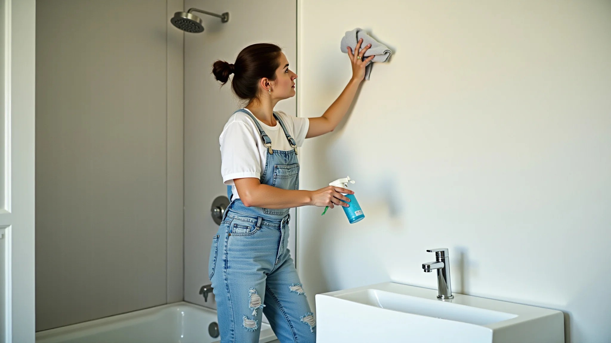 Mulher limpando papel de parede vinílico em banheiro, estilo brasileiro.