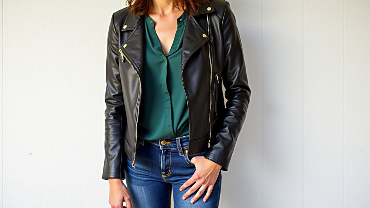 Combinação de texturas: jaqueta de couro, blusa de seda e jeans.