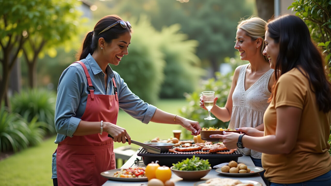 Mulher cozinhando ao ar livre em um churrasco com amigos.