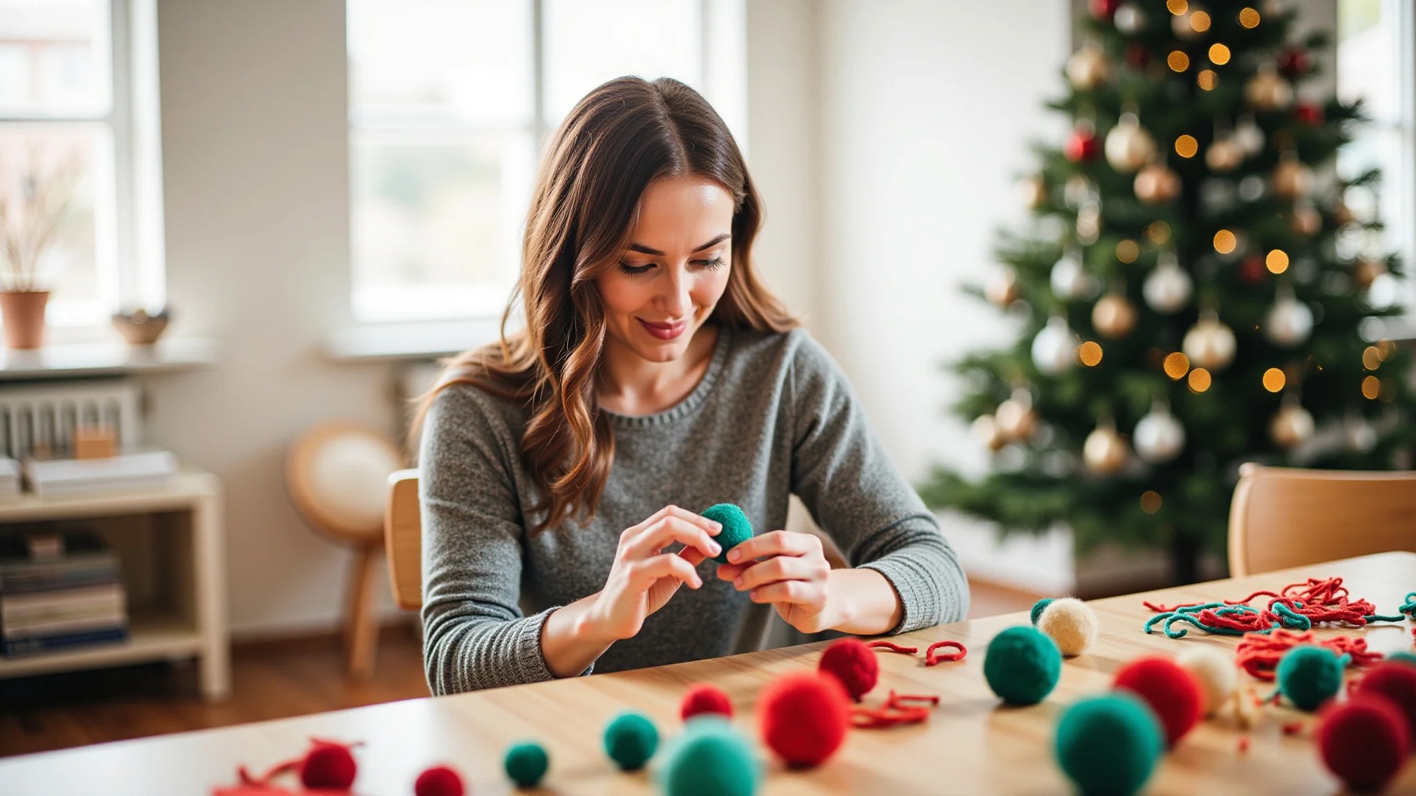 Mulher criando guirlanda de Natal com bolas de feltro em casa.