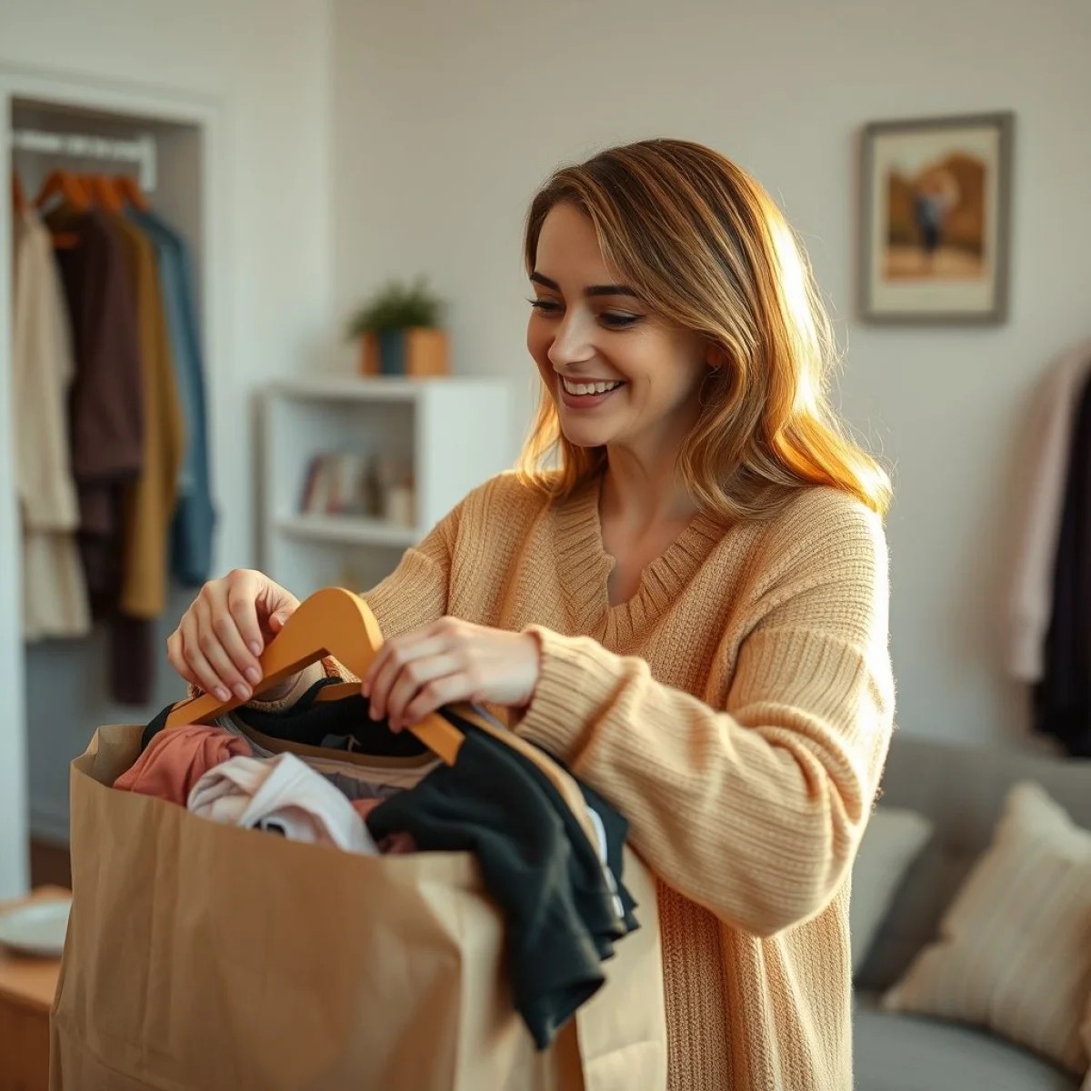 Mulher doando roupas para caridade, sentindo-se bem ao desapegar e praticar o consumo consciente.