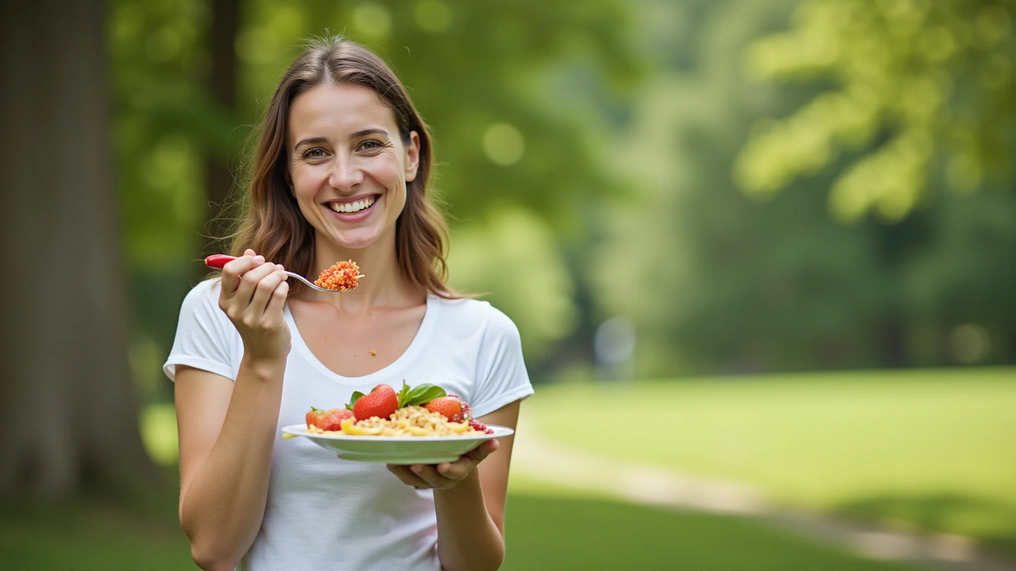 Mulher aproveitando refeição saudável ao ar livre, praticando alimentação consciente.