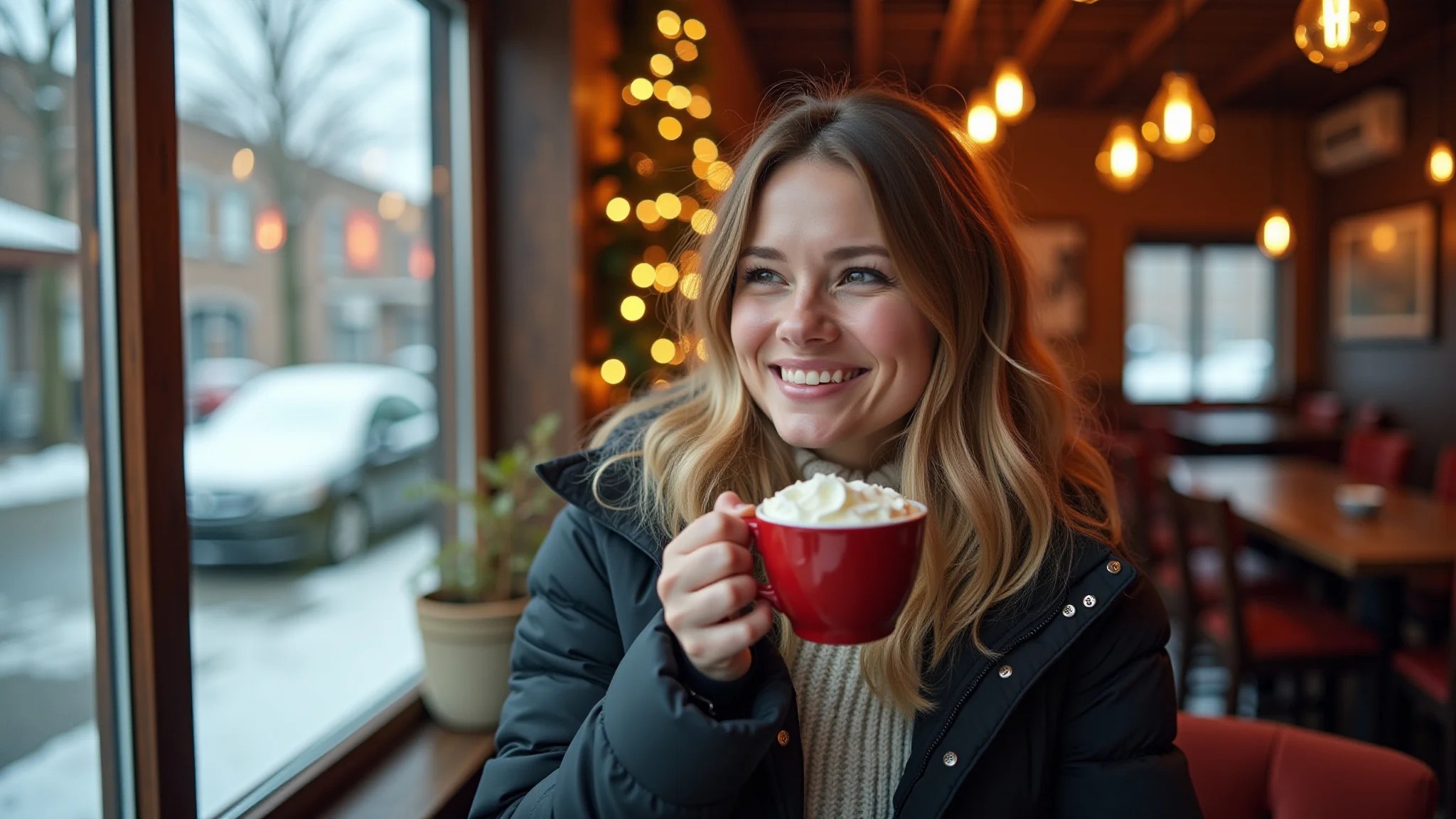 Mulher apreciando chocolate quente em pub aconchegante no Canadá durante o inverno.