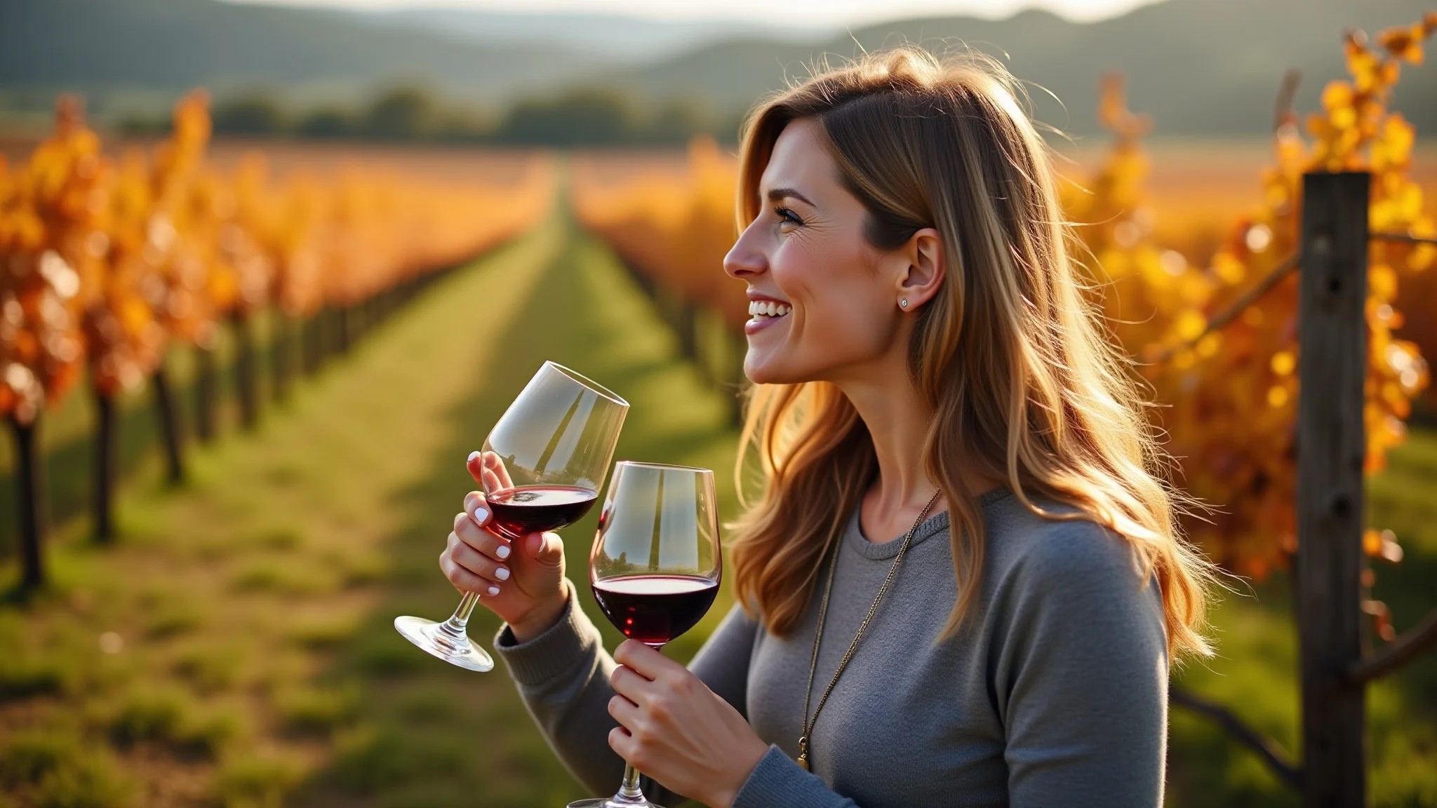 Mulher degustando vinho em vinhedo na Toscana durante o outono europeu.