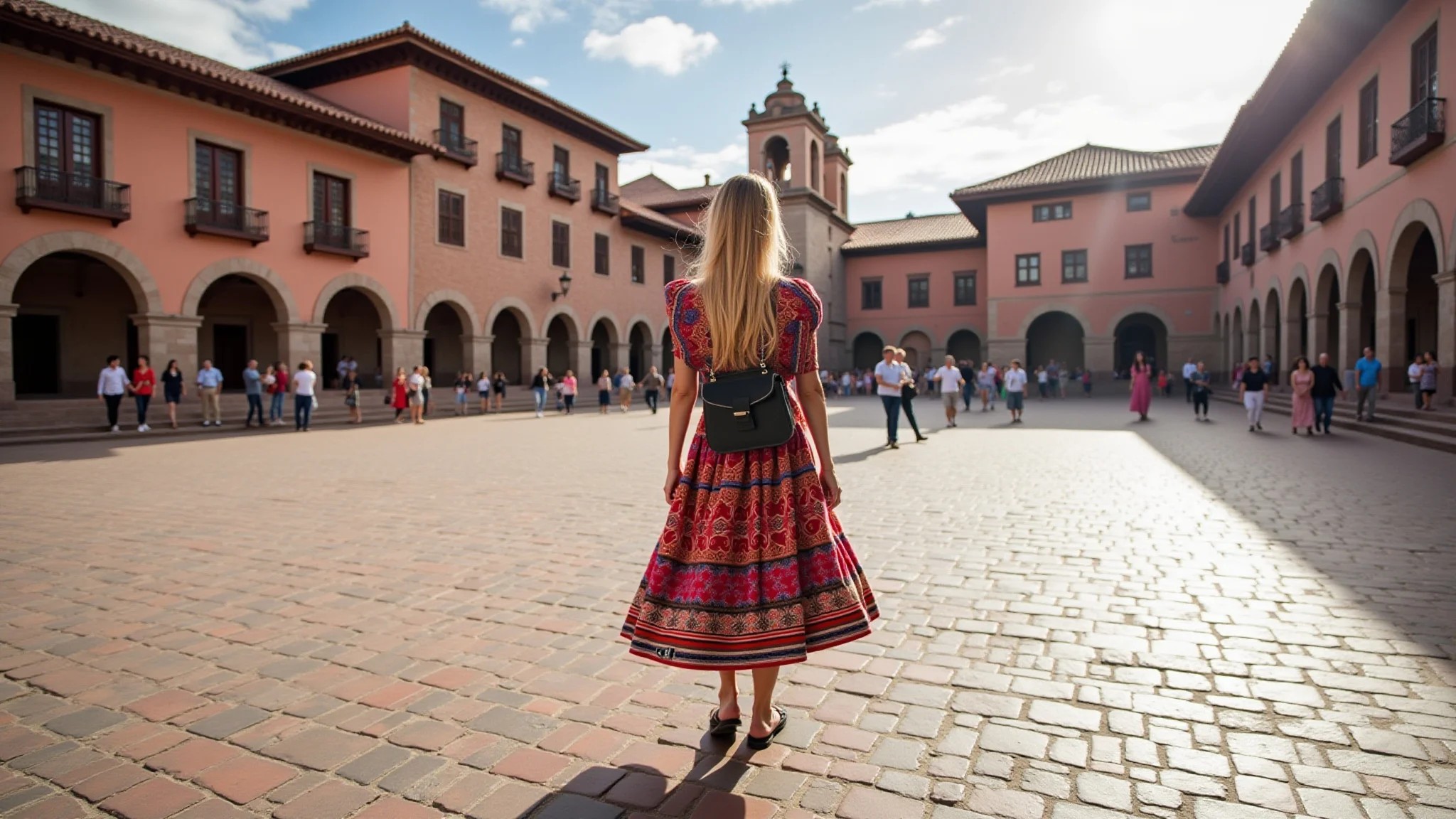 Turista explorando a Plaza de Armas em Cusco, Peru, com arquitetura colonial.