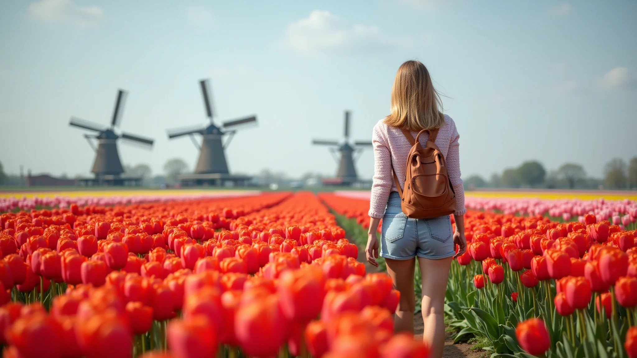 Mulher explorando campos de tulipas na Holanda durante a primavera europeia.
