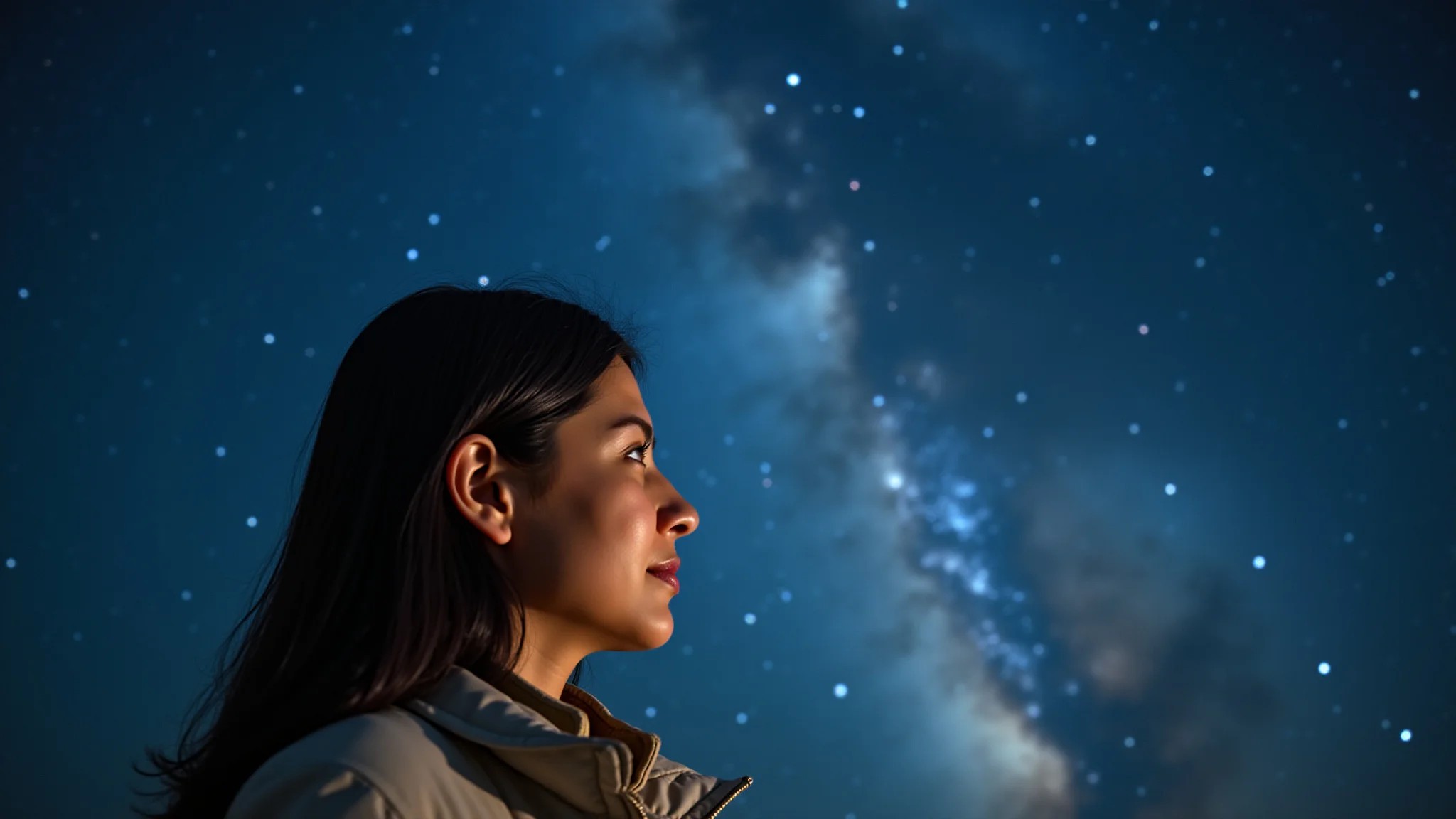 Mulher contemplando o céu noturno estrelado, expressão serena, cabelo escuro.